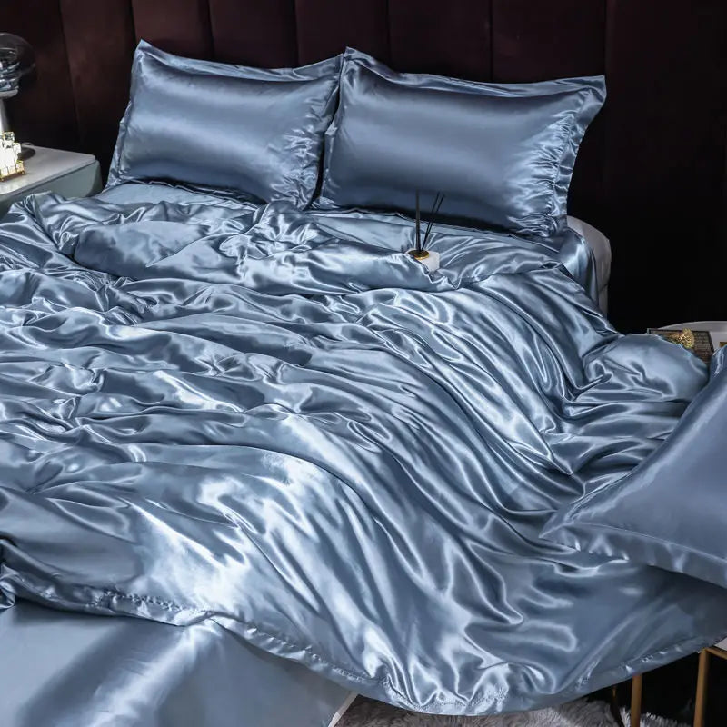 Indulge in Luxury with Our Premium Ice Silk Satin Bedding Set - Elegant Solid Color Duvet Cover and Pillowcase Collection for a Sophisticated Bedroom Makeover