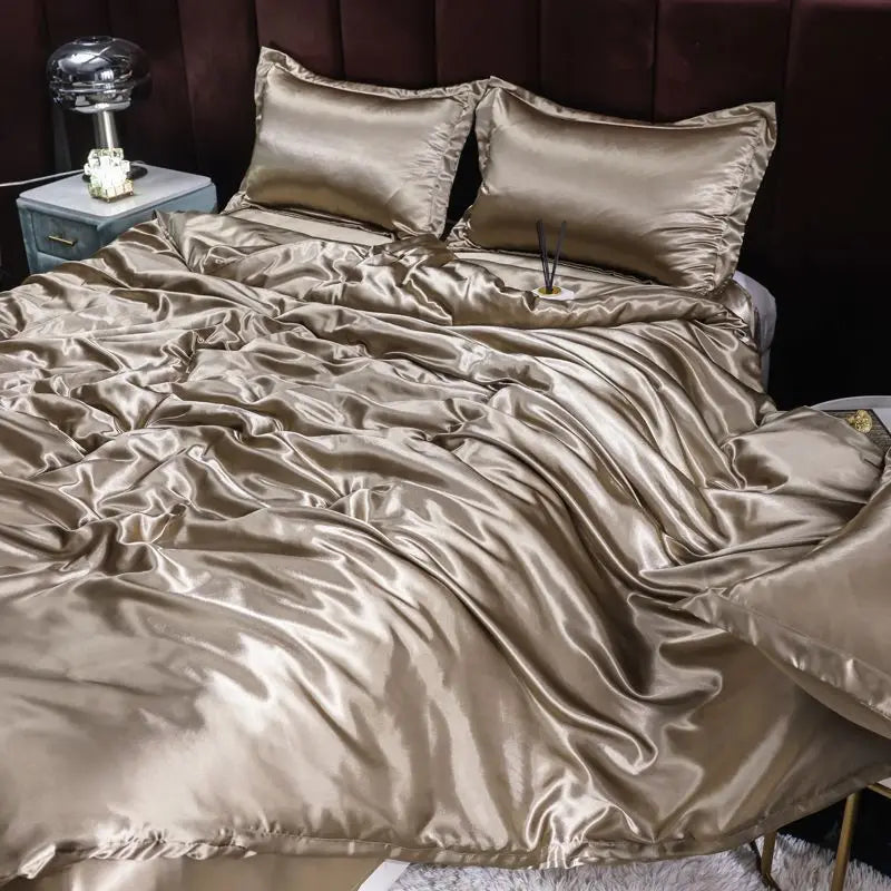 Indulge in Luxury with Our Premium Ice Silk Satin Bedding Set - Elegant Solid Color Duvet Cover and Pillowcase Collection for a Sophisticated Bedroom Makeover
