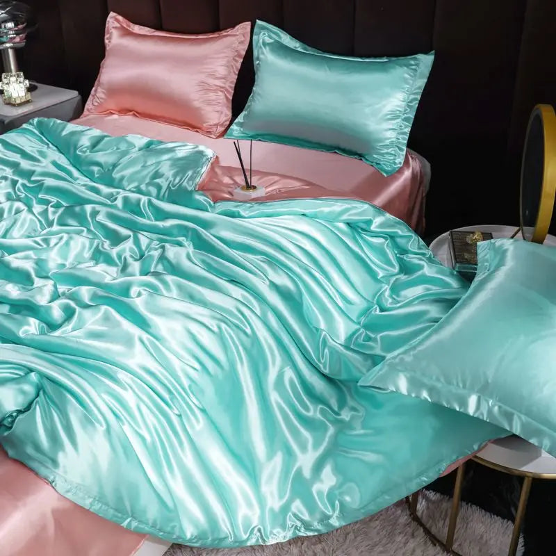 Indulge in Luxury with Our Premium Ice Silk Satin Bedding Set - Elegant Solid Color Duvet Cover and Pillowcase Collection for a Sophisticated Bedroom Makeover