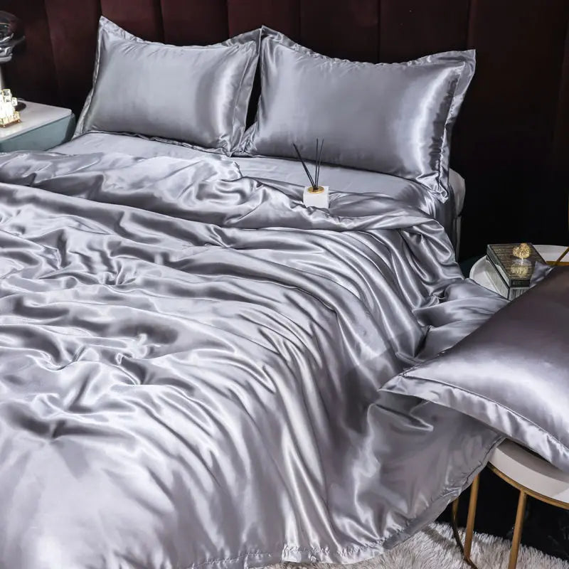 Indulge in Luxury with Our Premium Ice Silk Satin Bedding Set - Elegant Solid Color Duvet Cover and Pillowcase Collection for a Sophisticated Bedroom Makeover
