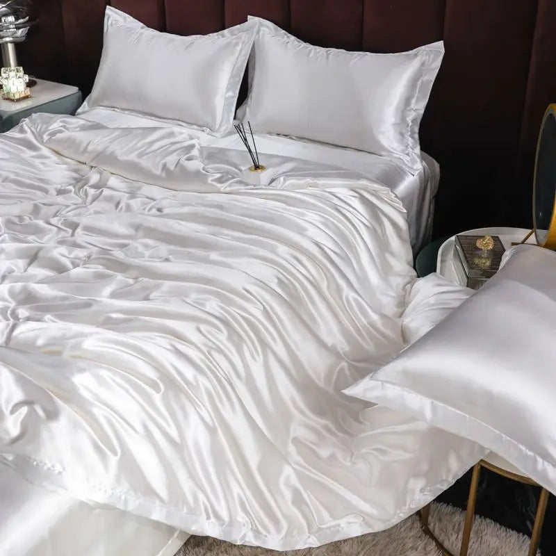 Indulge in Luxury with Our Premium Ice Silk Satin Bedding Set - Elegant Solid Color Duvet Cover and Pillowcase Collection for a Sophisticated Bedroom Makeover