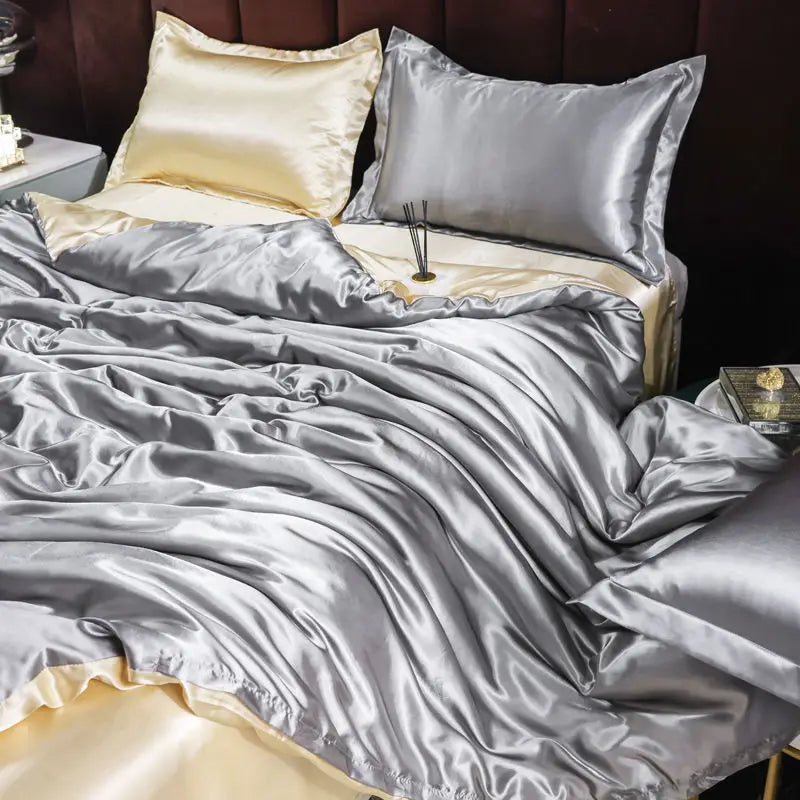 Indulge in Luxury with Our Premium Ice Silk Satin Bedding Set - Elegant Solid Color Duvet Cover and Pillowcase Collection for a Sophisticated Bedroom Makeover